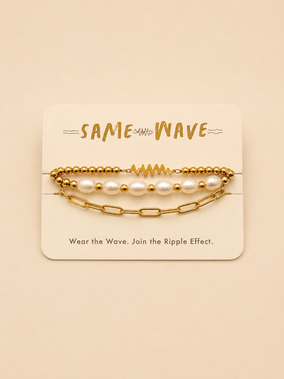 SAME WAVE Bracelet Stack with Glass Pearl Stretch + Paperclip
