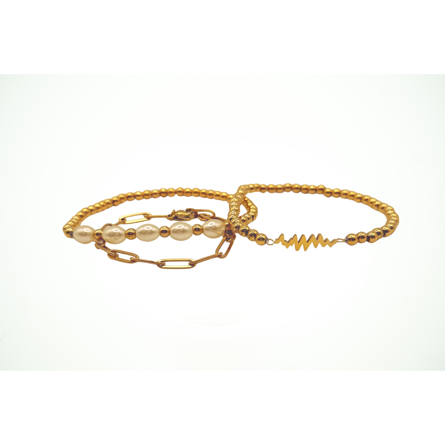 SAME WAVE Bracelet Stack with Glass Pearl Stretch + Paperclip