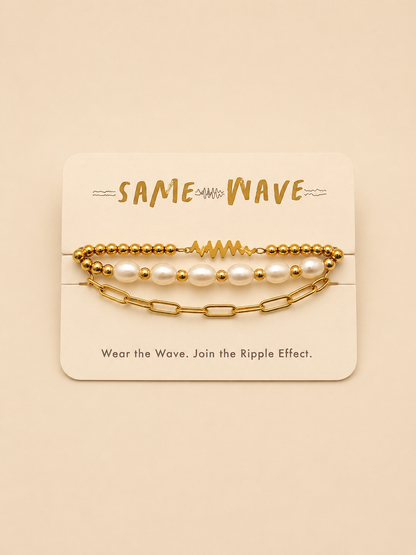 SAME WAVE Bracelet Stack with Glass Pearl Stretch + Paperclip