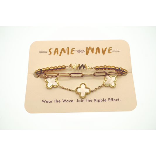 SAME WAVE Bracelet Stack with Clover Charm + Paperclip