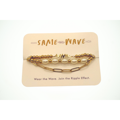 SAME WAVE Bracelet Stack with Glass Pearl Stretch + Paperclip