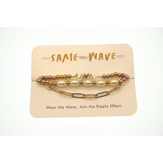 SAME WAVE Bracelet Stack with Glass Pearl Stretch + Paperclip