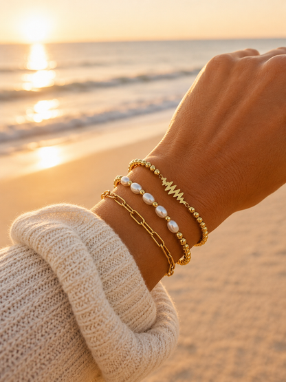SAME WAVE Bracelet Stack with Glass Pearl Stretch + Paperclip