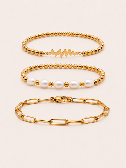 SAME WAVE Bracelet Stack with Glass Pearl Stretch + Paperclip