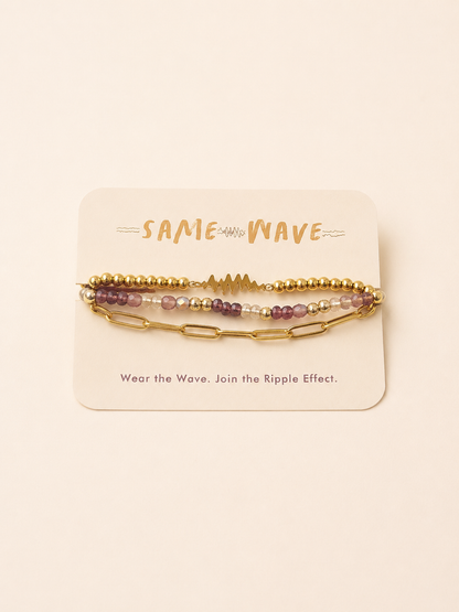SAME WAVE Bracelet Stack with Purple Beaded Stretch + Paperclip