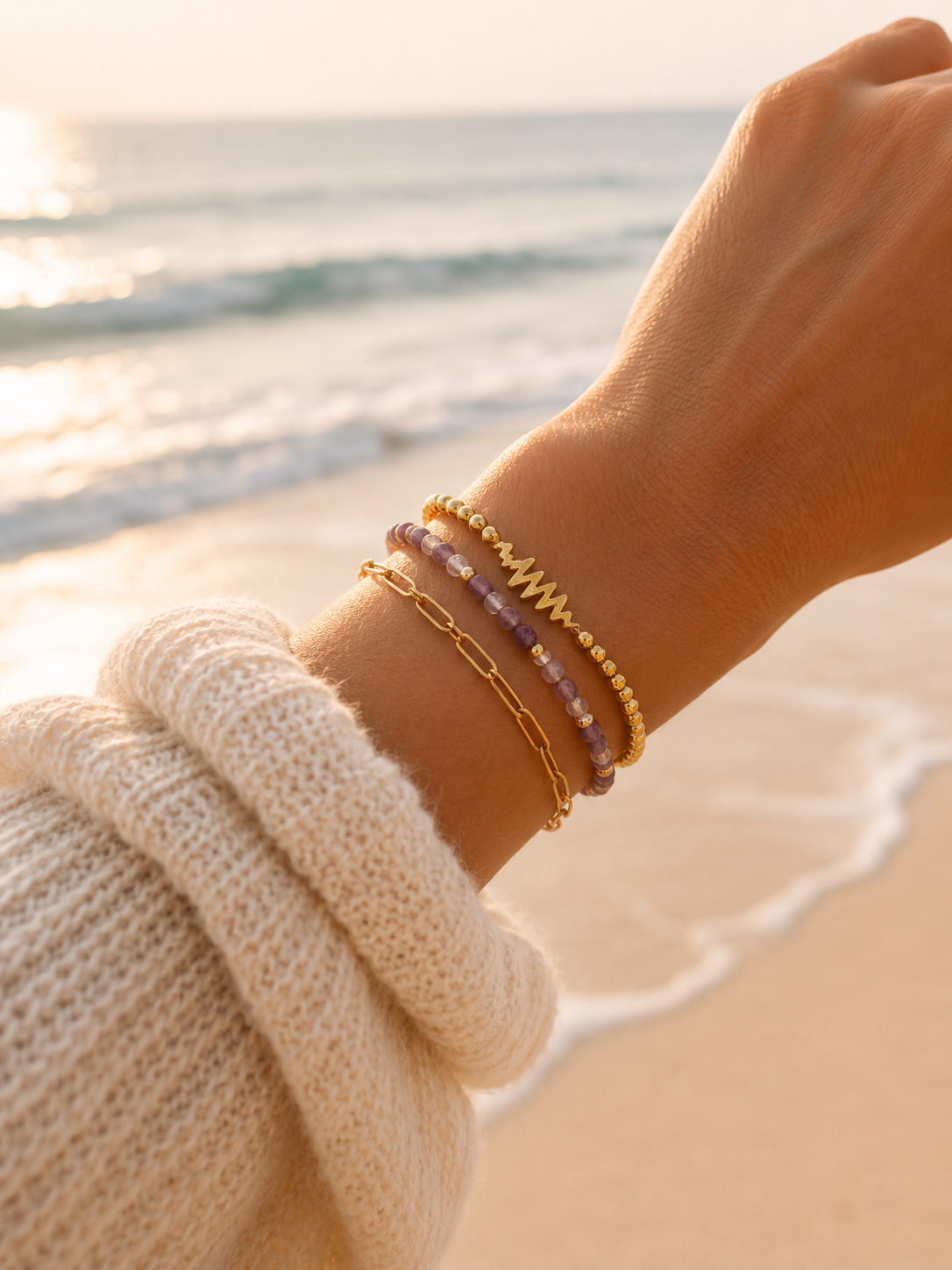 SAME WAVE Bracelet Stack with Purple Beaded Stretch + Paperclip