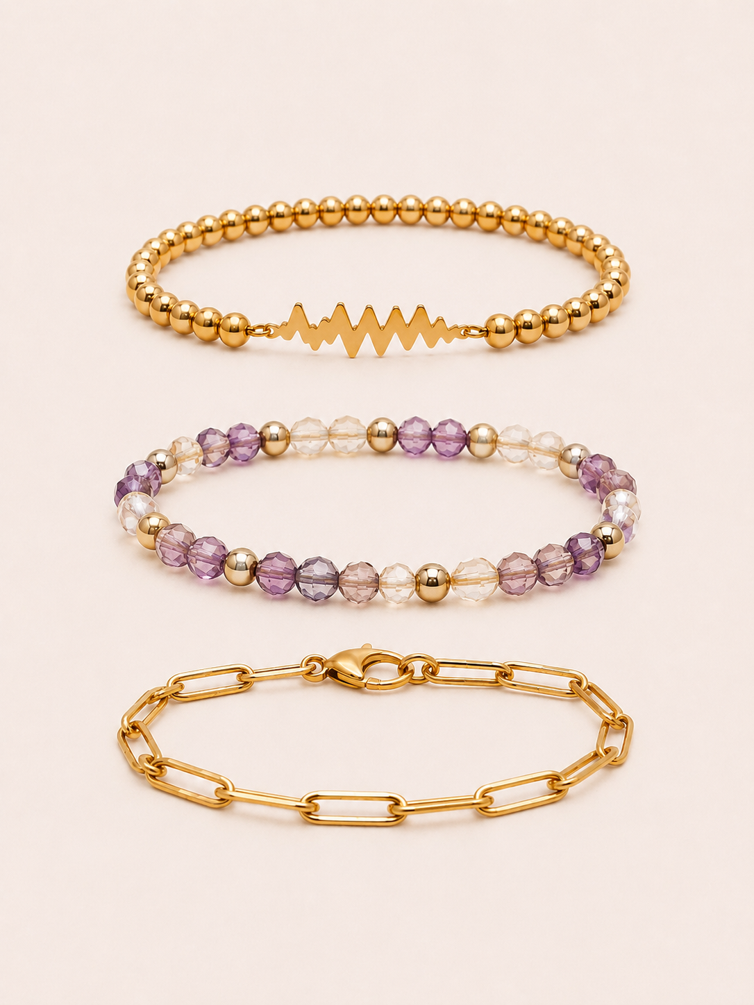 SAME WAVE Bracelet Stack with Purple Beaded Stretch + Paperclip