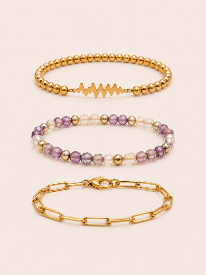 SAME WAVE Bracelet Stack with Purple Beaded Stretch + Paperclip