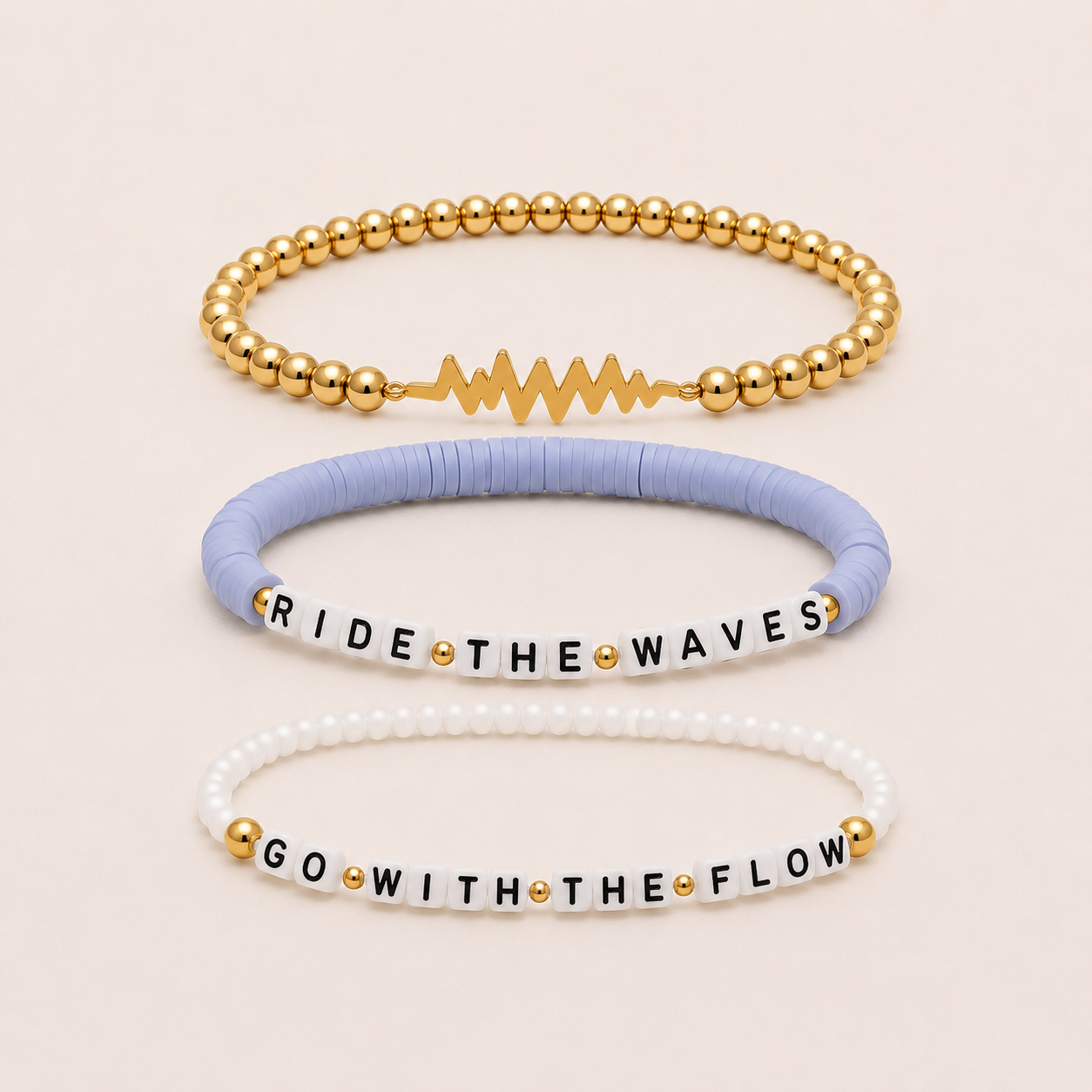 SAME WAVE Bracelet Stack with beaded Ride the Waves + go with the flow